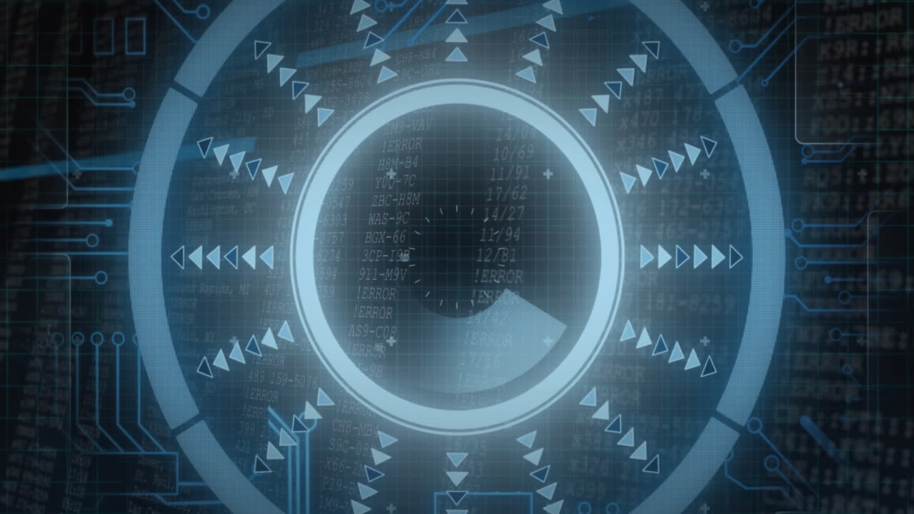 Animation of futuristic digital interface with circular patterns and binary code