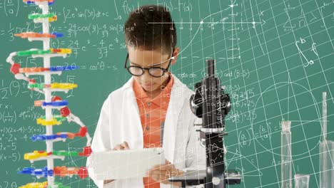 animation of mathematical formulae over smiling schoolboy using tablet