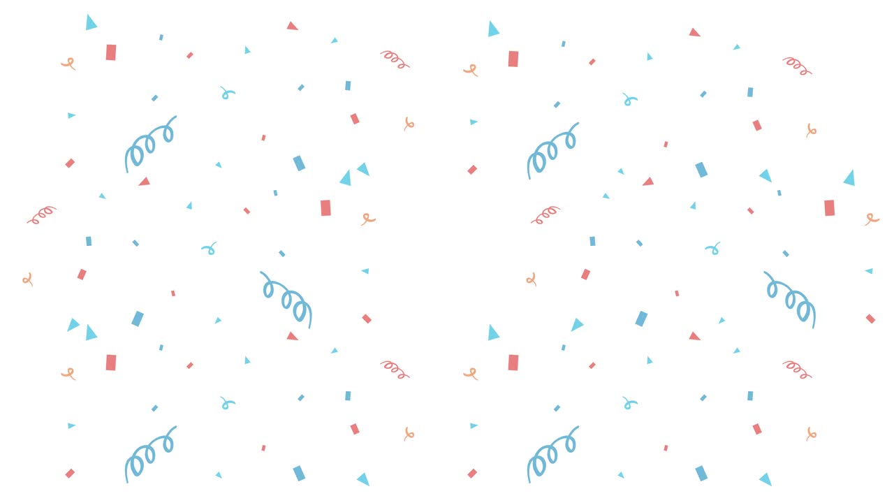 Vibrant confetti pieces in blue and red swirl dynamically against a clean white backdrop, creating a festive and lively atmosphere