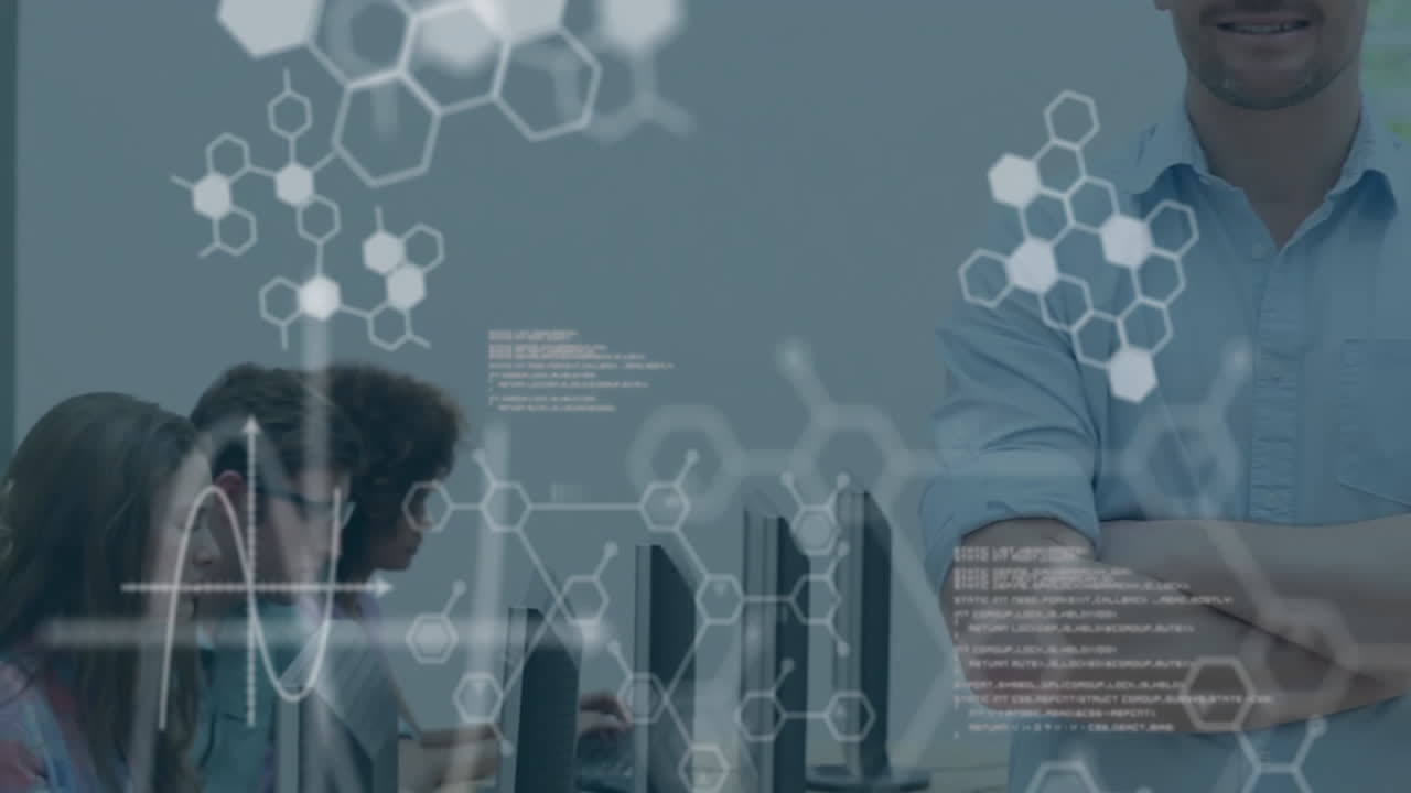 animación del procesamiento de datos científicos sobre diversas personas de negocios que utilizan computadoras en la oficina