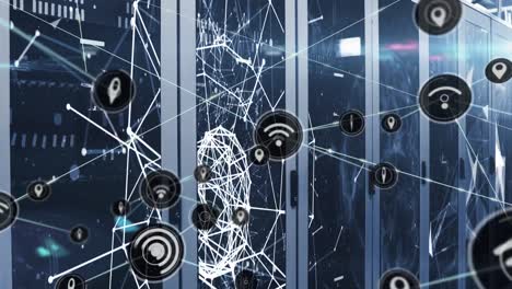 animation of network of connections with icons over computer servers