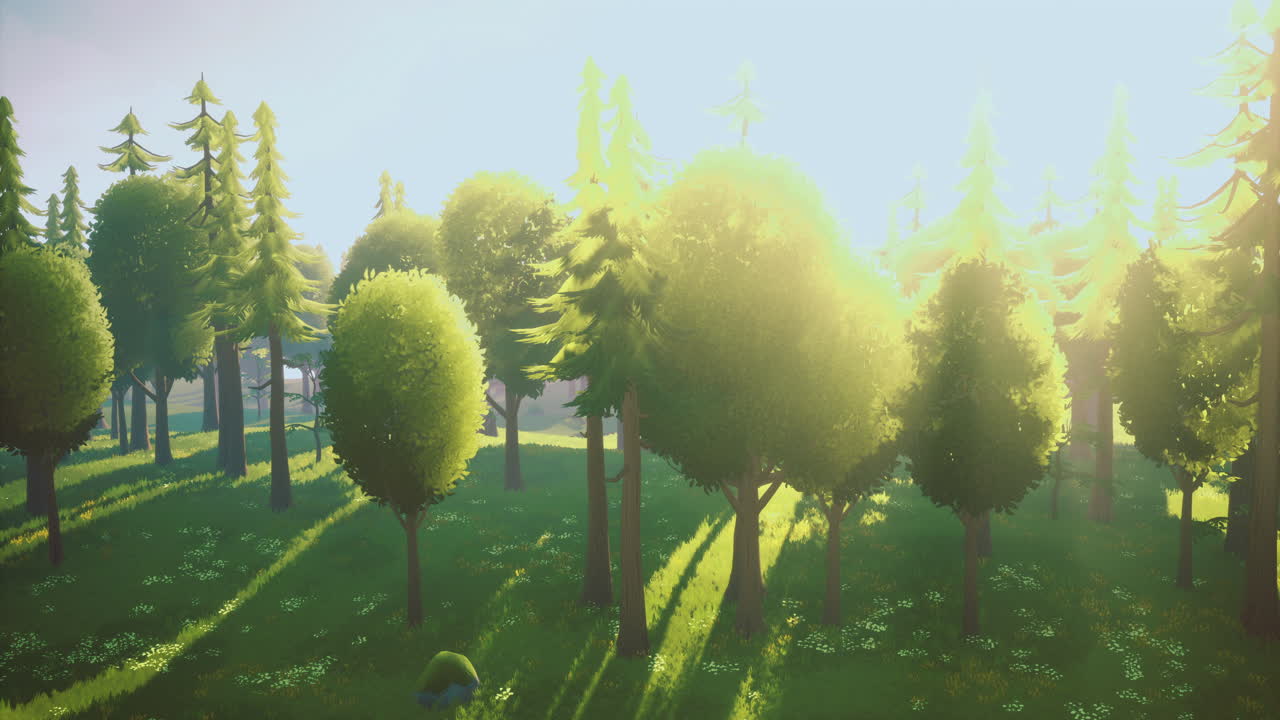 Sunlight filtering through trees in a tranquil forest during early morning