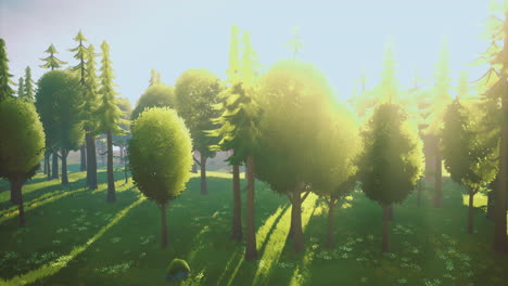 sunlight filtering through trees in a tranquil forest during early morning