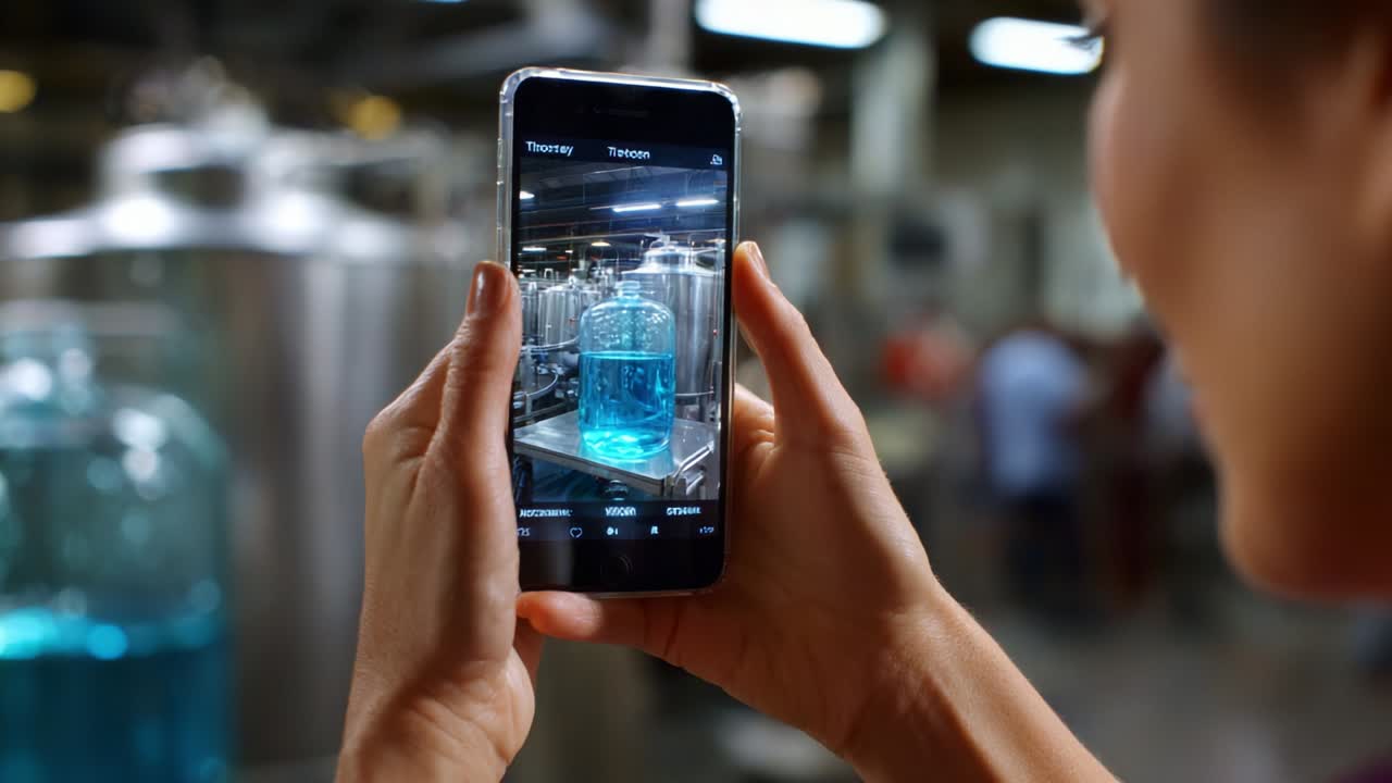 Capturing a Moment: A Close-Up of a Clear Blue Liquid in a Large Glass Container Through a Smartphone Camera in an Industrial Setting with Blurred Background Elements