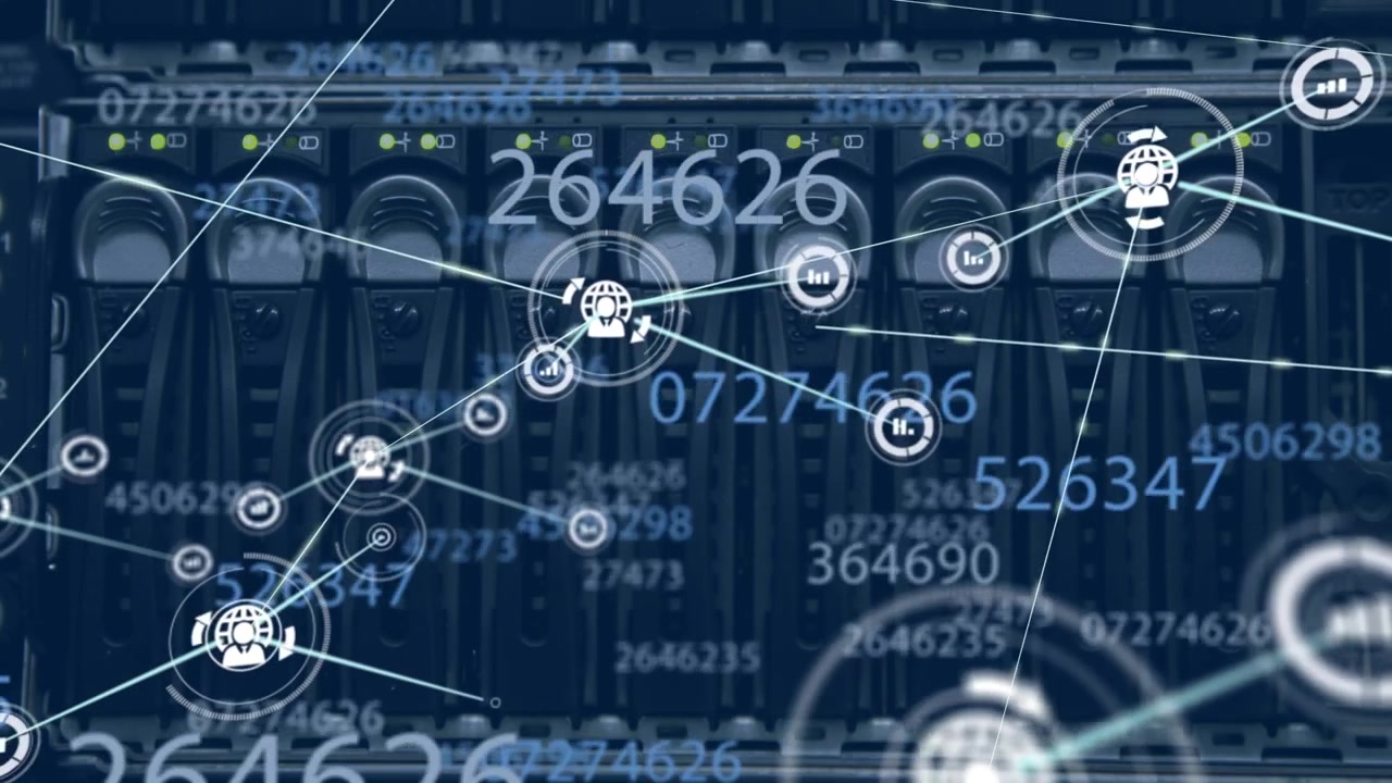 Animation of network of connections with icons over computer servers and data processing