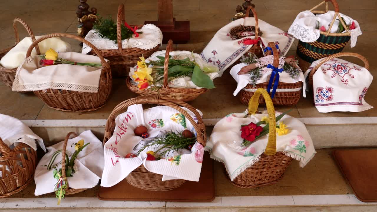 Baskets containing a sampling of Easter foods