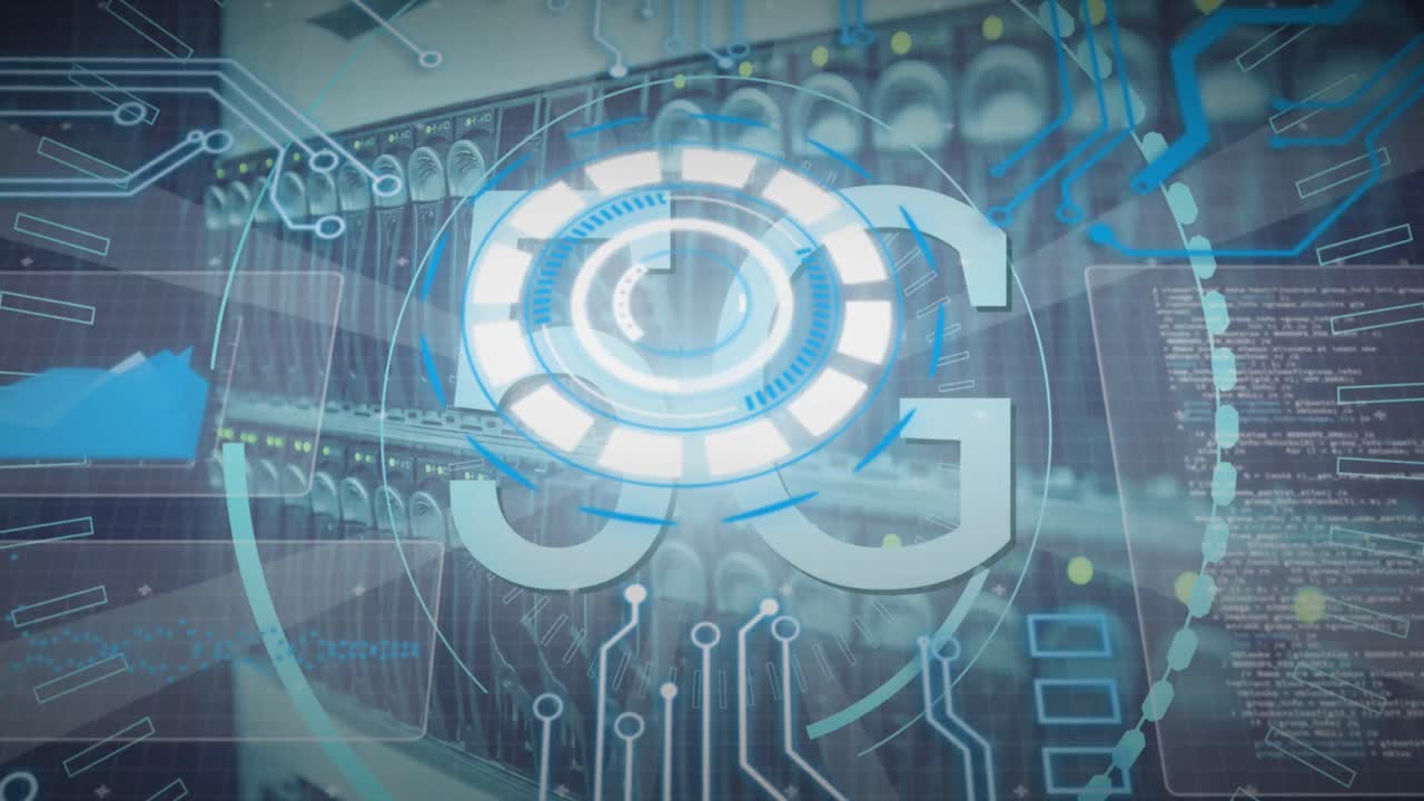 animación de texto 5g y procesamiento de datos sobre la sala del servidor