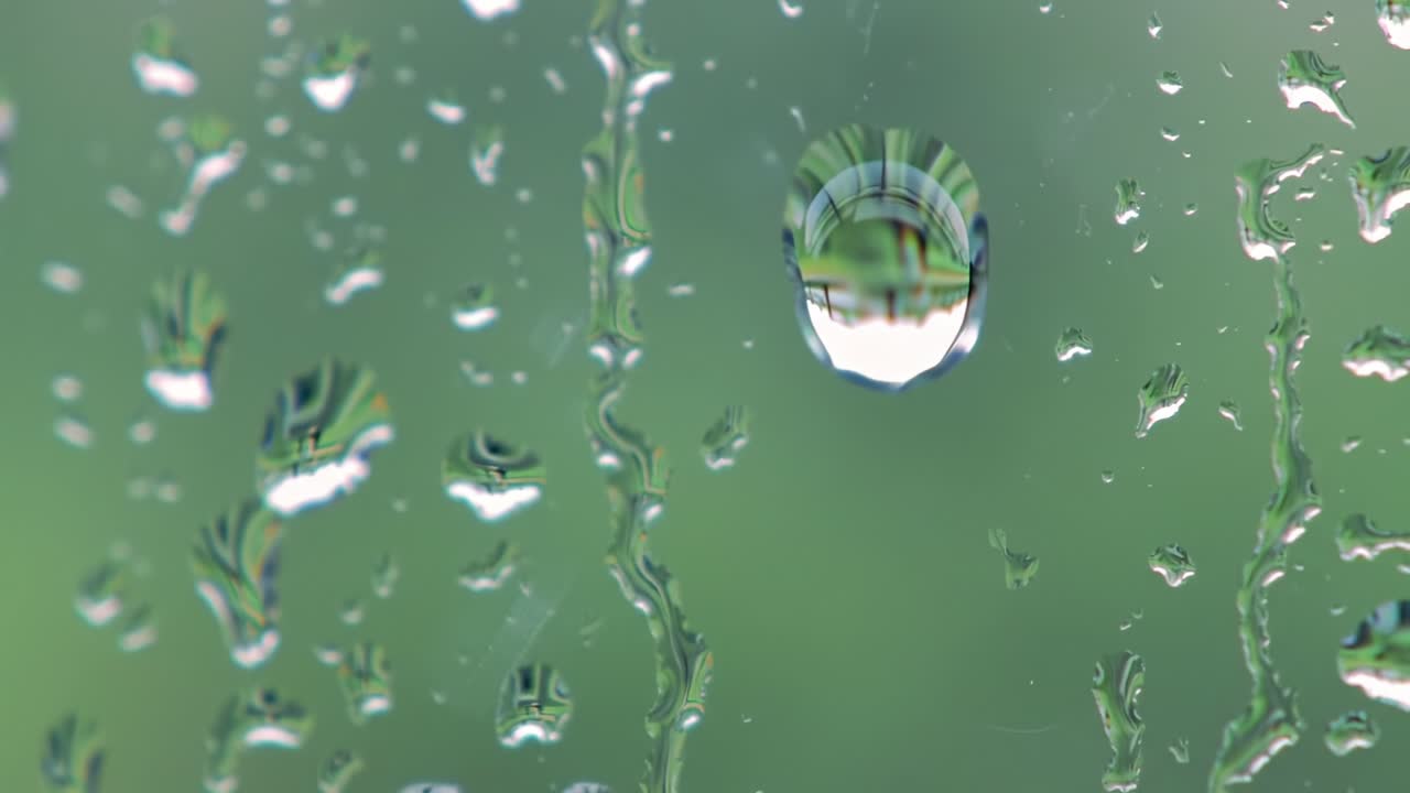 Captivating Close-Up of Water Droplets on Glass, Creating Abstract Patterns and Distorted Reflections Amidst a Soft Green Background