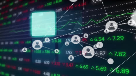animación de la red de conexiones con iconos sobre datos financieros