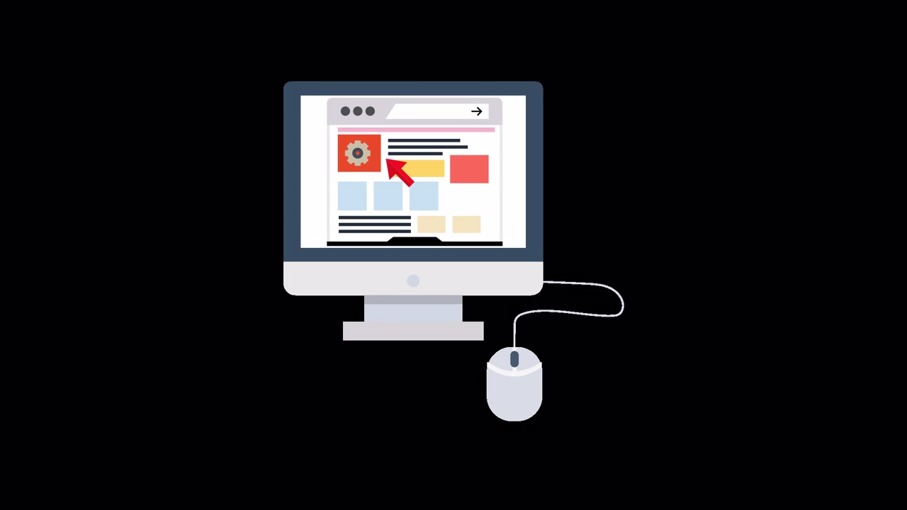 Animeret computerskærm med webbrowser og museinteraktion
