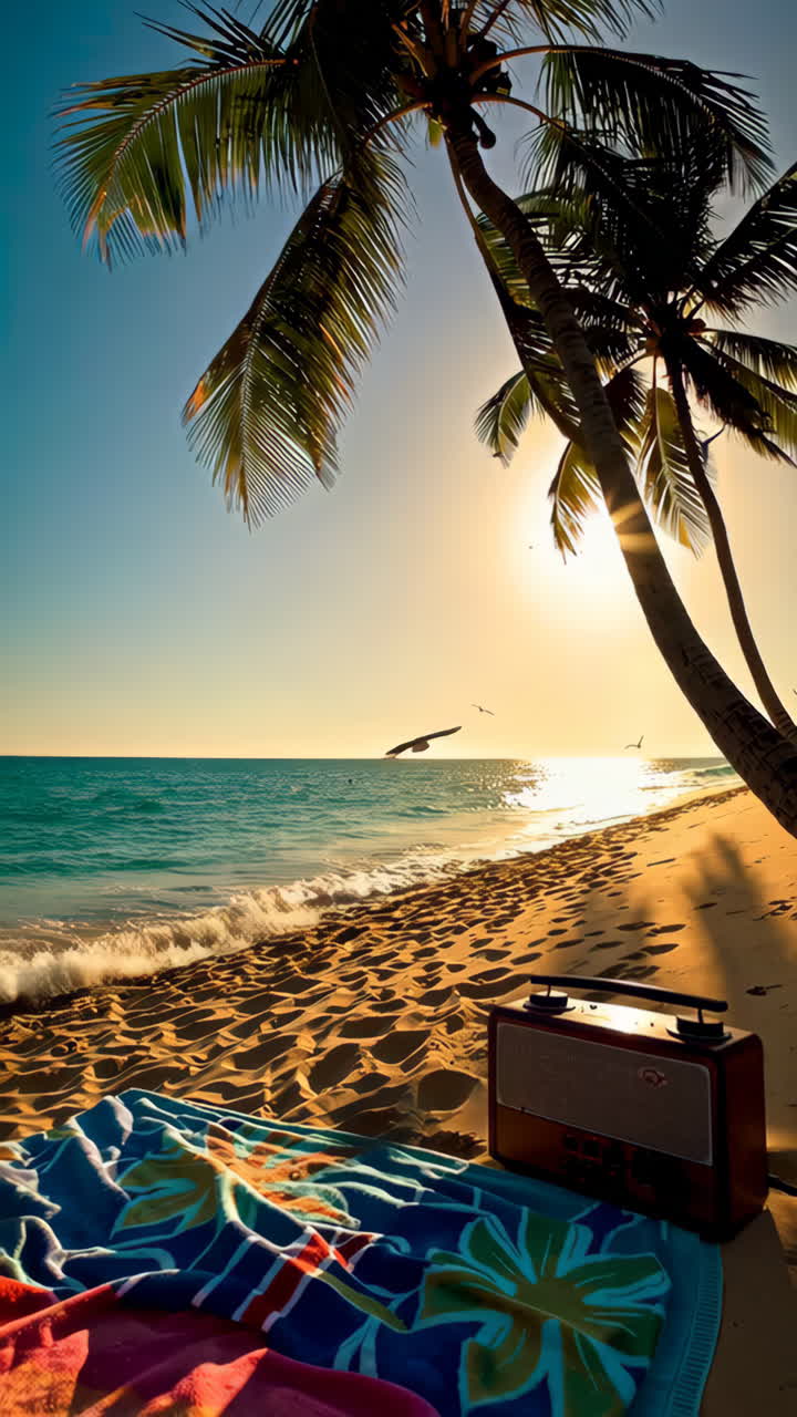 Tramonto su spiaggia tropicale con radio retrò