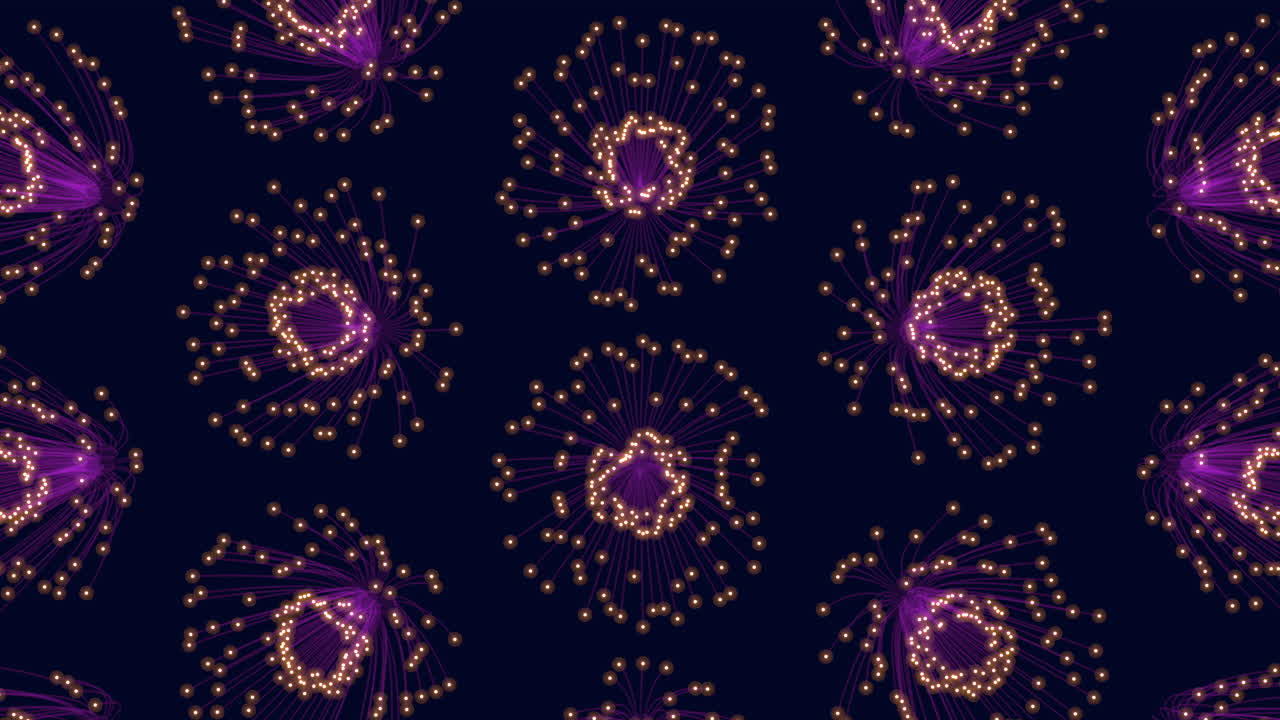 elegante patrón circular de puntos simétricos en púrpura y azul sobre negro