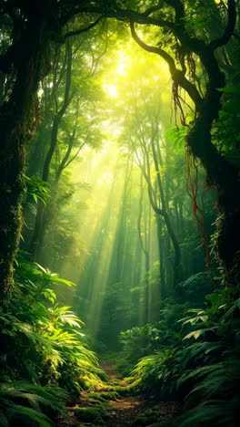 sunlit path through a lush mystical forest