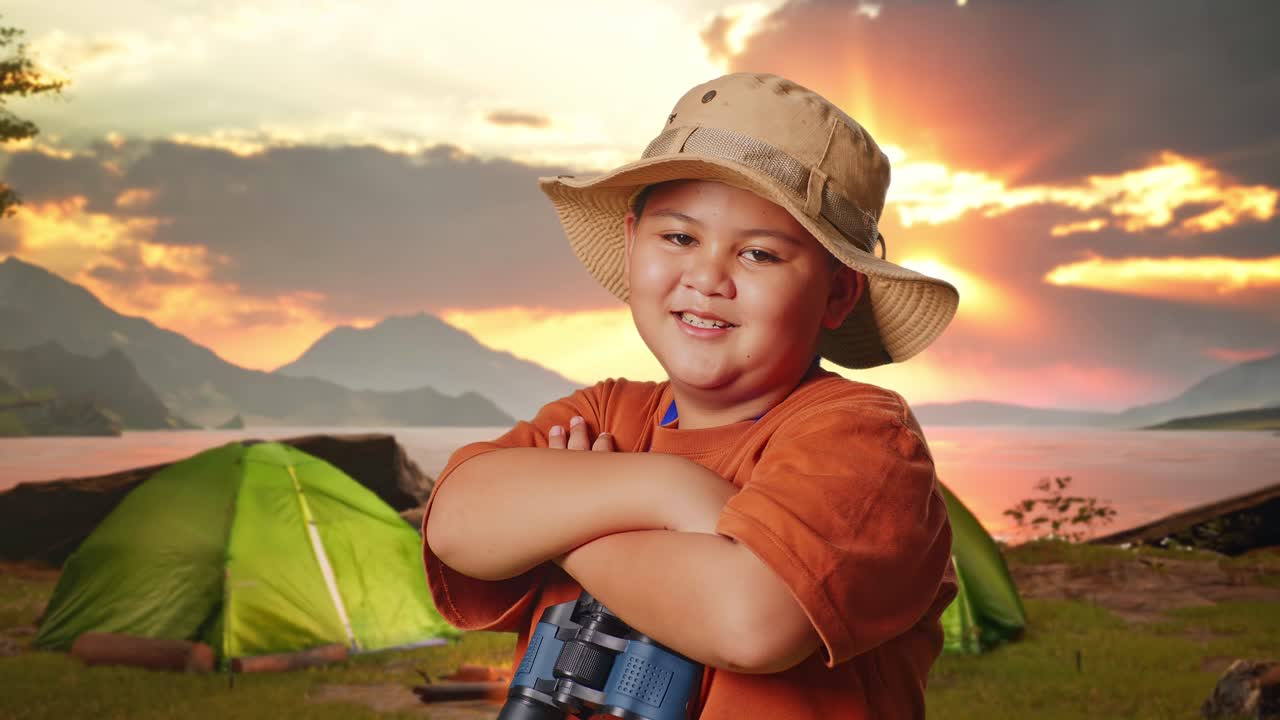 Smiling Boy Camping at Sunrise