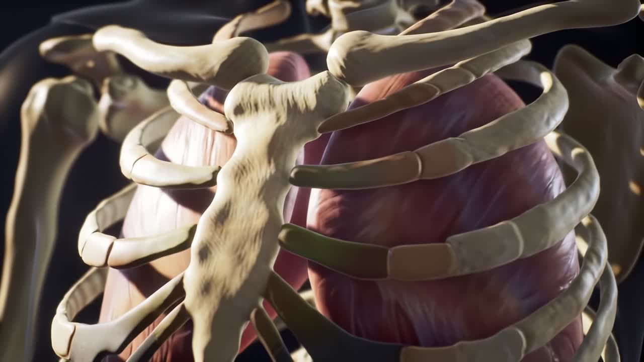 Detailed Anatomical Visualization of Human Ribcage and Internal Organs: A Close-Up Study of the Heart and Lungs within the Skeletal Framework