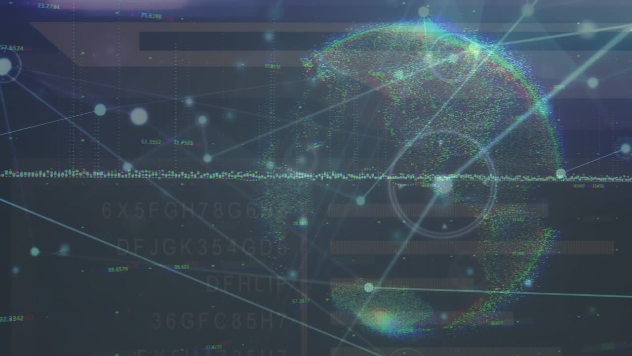 Animation of network of connections and globe over data processing on black background