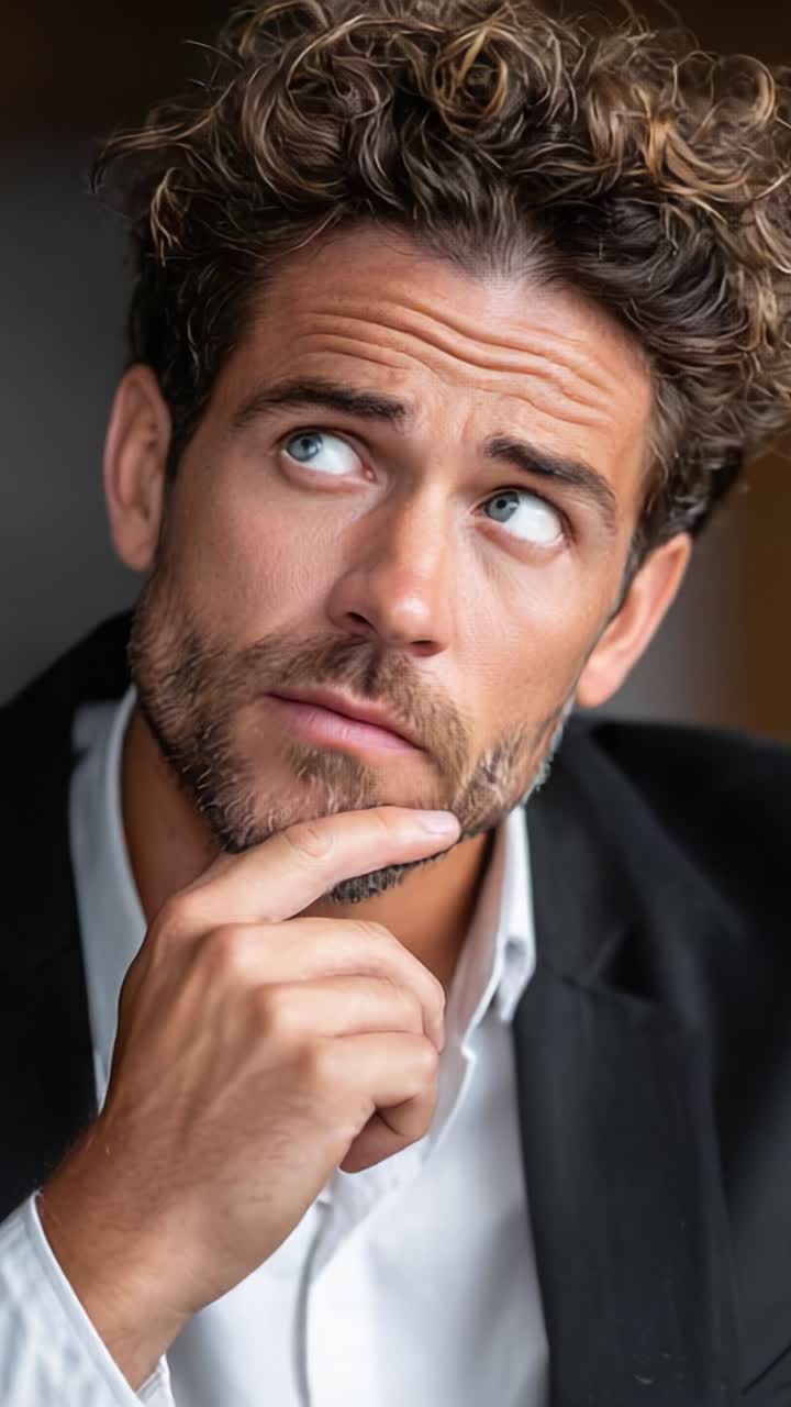 A Thoughtful Man with Curly Hair Contemplates Ideas While Posing Elegantly in a Tailored Suit Amidst a Soft Focus Background