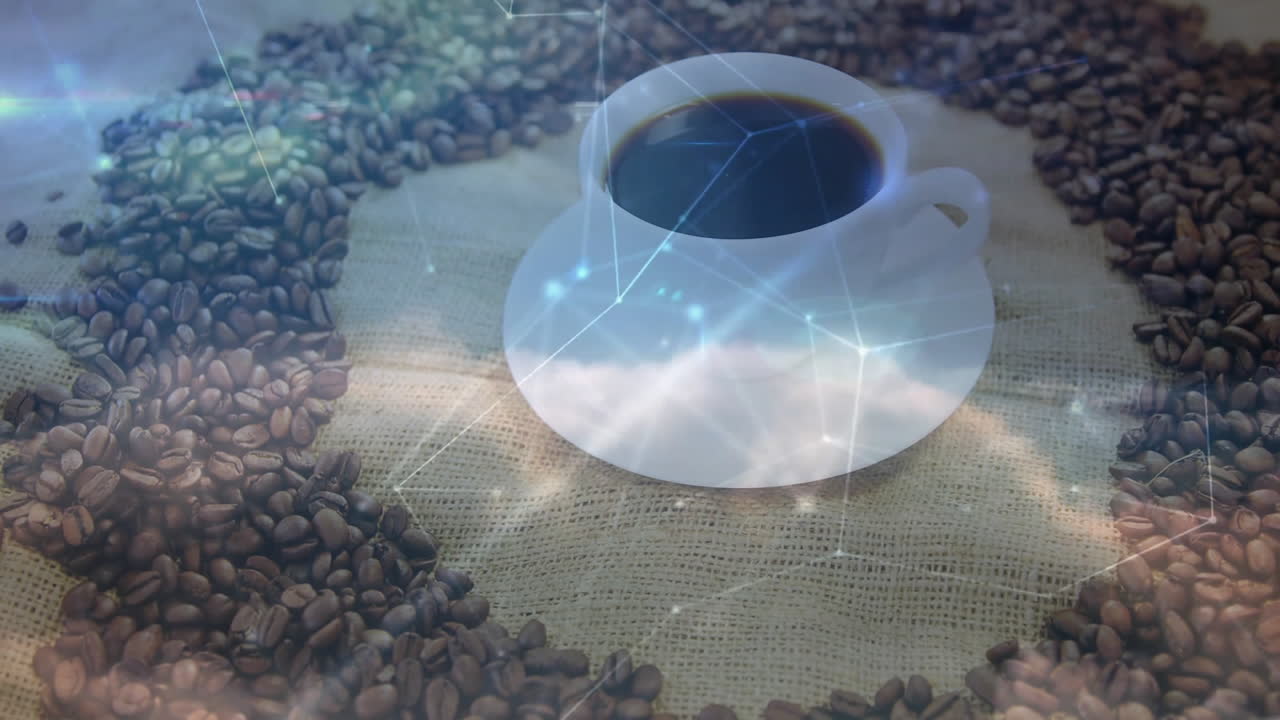 White ceramic coffee cup sitting on burlap ringed by coffee beans, showing digital network overlay