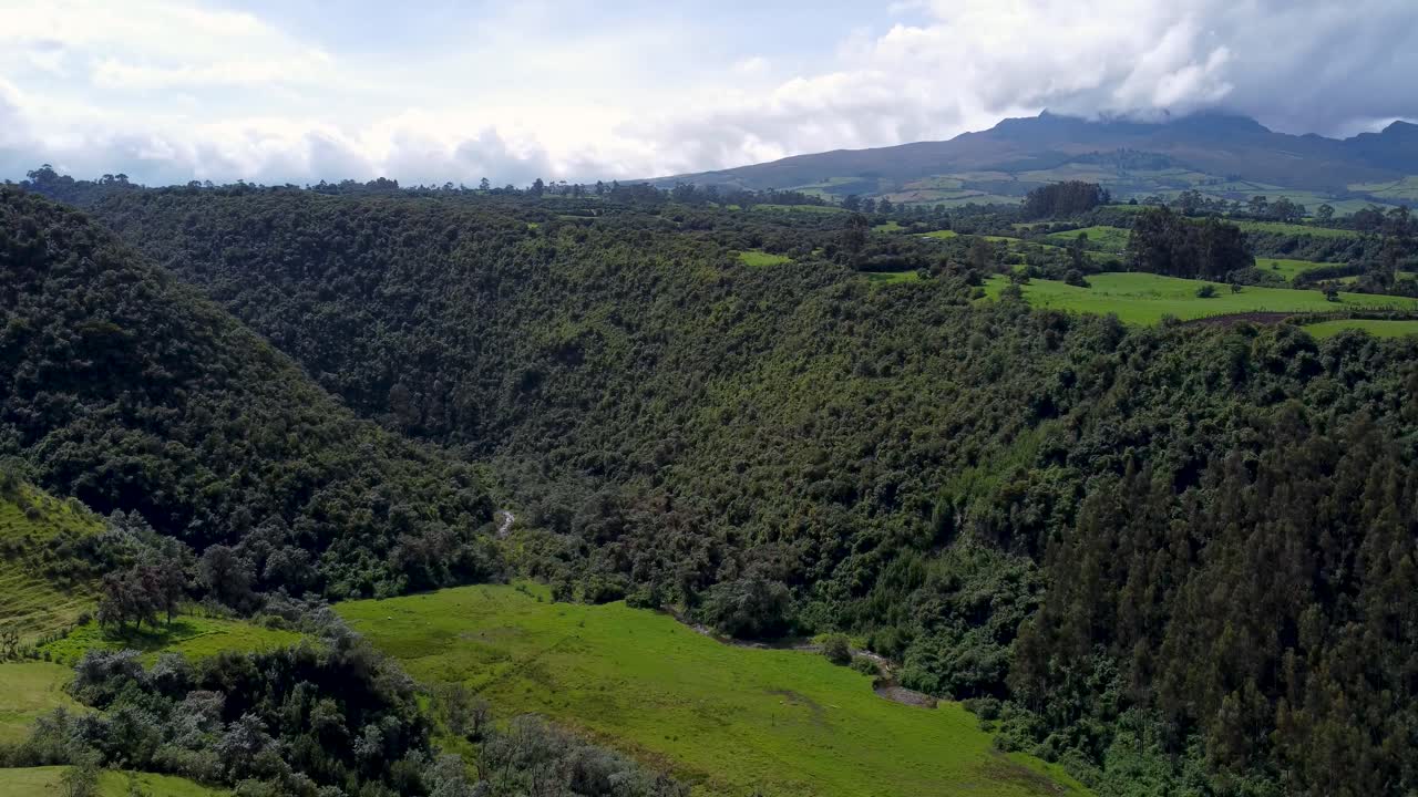 Ripresa cinematografica con drone su un canyon invaso dalla vegetazione e un fiume a Puichig, Ecuador