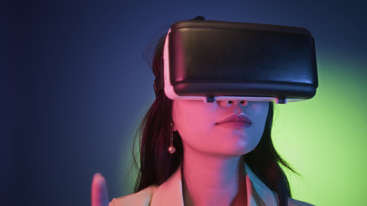 Girl Seeing Virtual World in AR Goggles Isolated on Neon