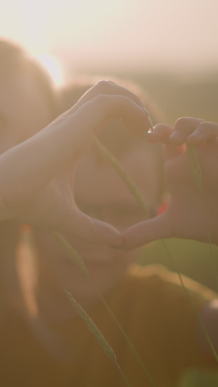 아름답게 흐릿한 이미지는 어린 소년과 여성의 부드러운 순간을 포착합니다. 그들의 머리가 함께 붙어있는 동안 그들의 손으로 심장 모양을 형성합니다.