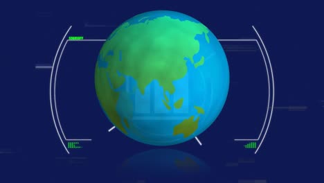 Animación-Del-Giro-Del-Globo-Y-Procesamiento-De-Datos-Sobre-Fondo-Azul.