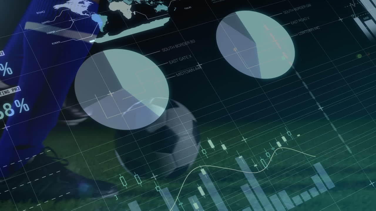 animación de gráficos y datos sobre las piernas del jugador de fútbol afroamericano en el estadio