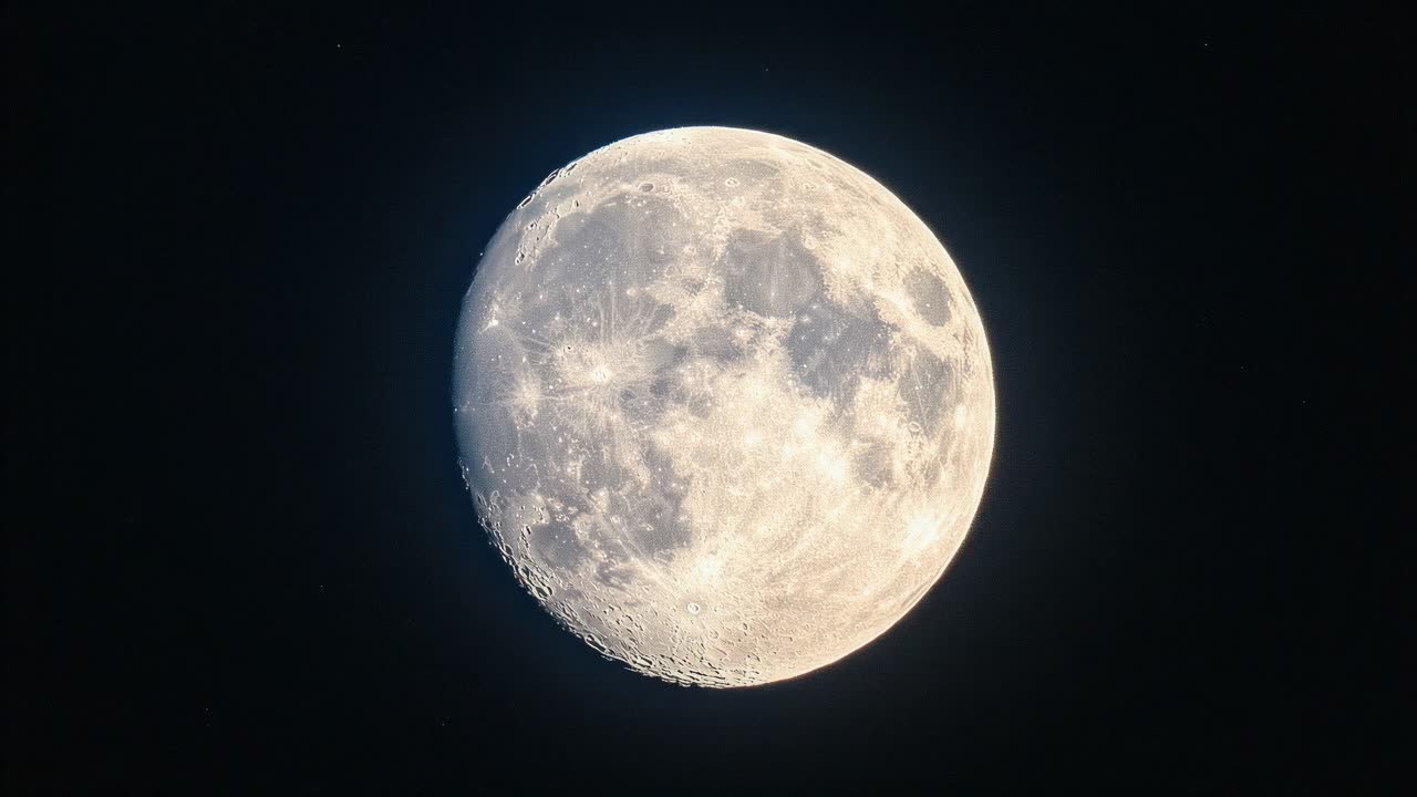 A close-up video frame of the moon in high detail, captured from a straight-on angle