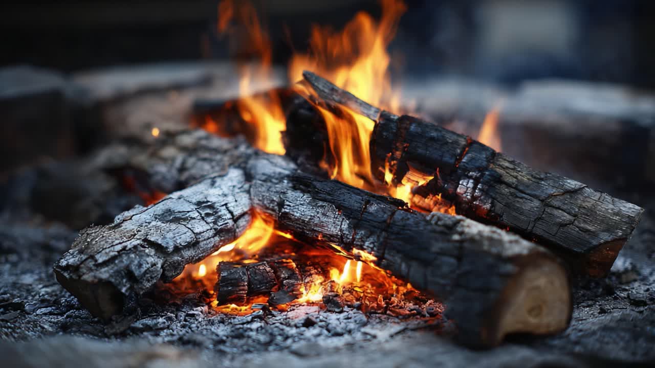 A Captivating Campfire Experience: Enjoying the Warmth and Glow of Flickering Flames Dancing Among Charred Logs in a Cozy Setting