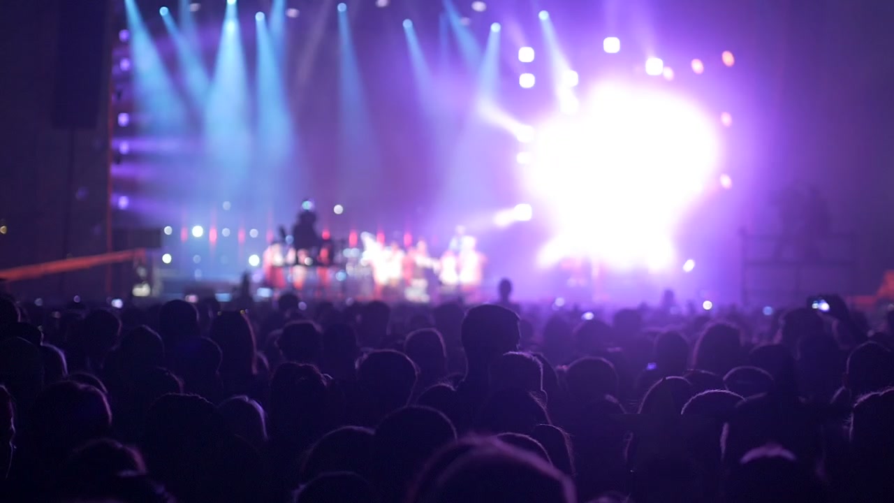 Sagome della folla che guarda un concerto dal vivo con luci di scena brillanti
