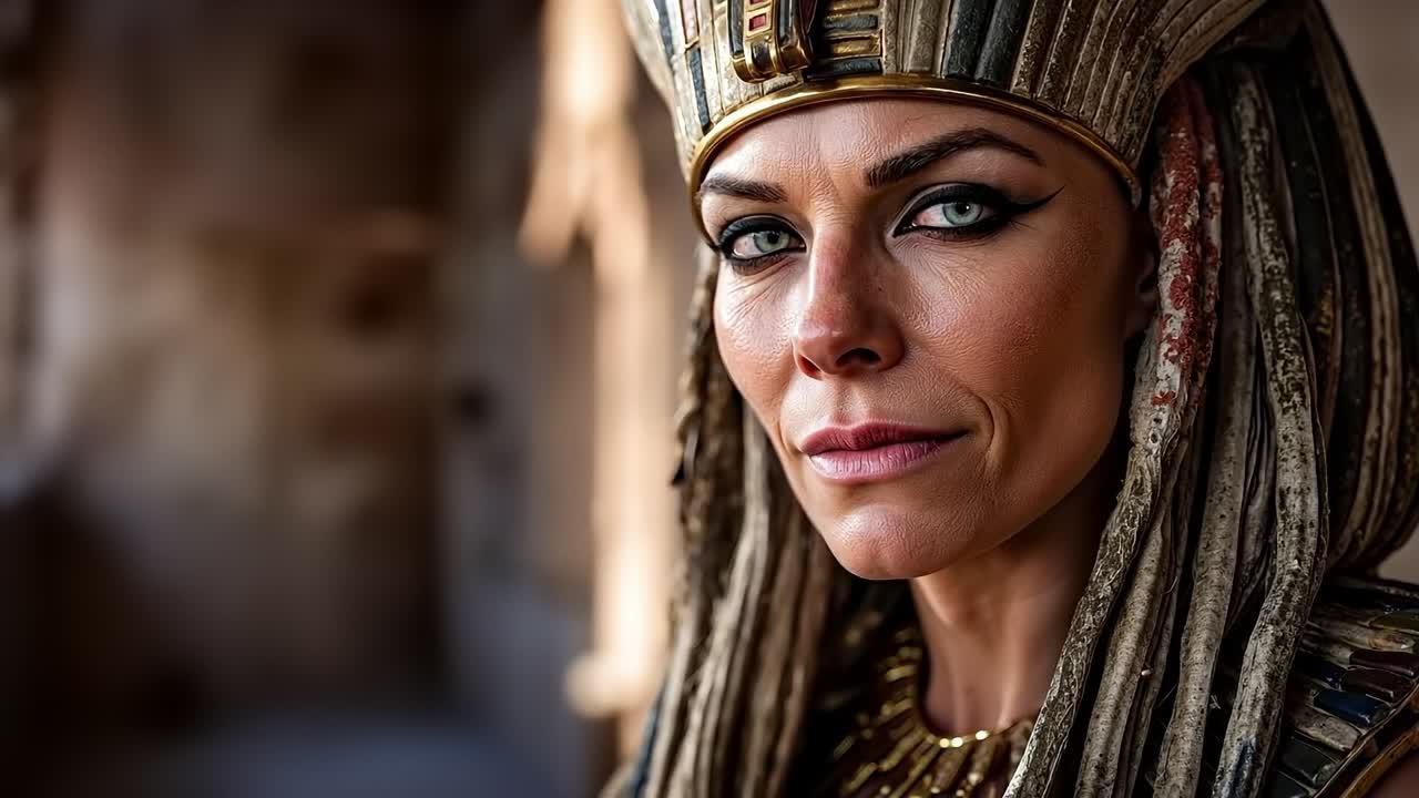 A woman wearing a headdress and a gold headdress