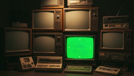 an artistic display of vintage television sets and retro technology featuring green screen elements and classic design in a darkened room