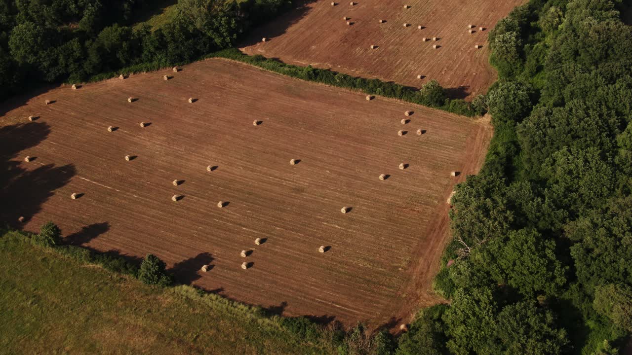 Aerial View of Hay Bales in plowed field surrounded by forest and farms