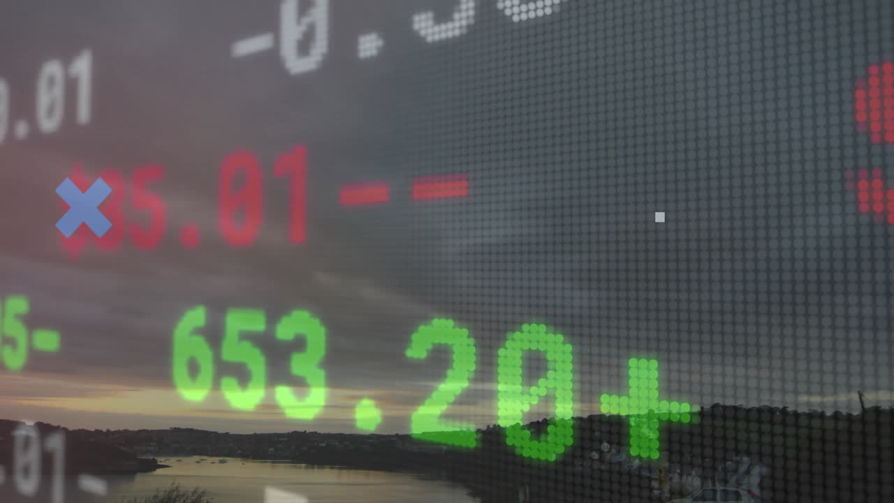 Stock figures red and green being displayed over riverside cityscape at dusk with blue X markers