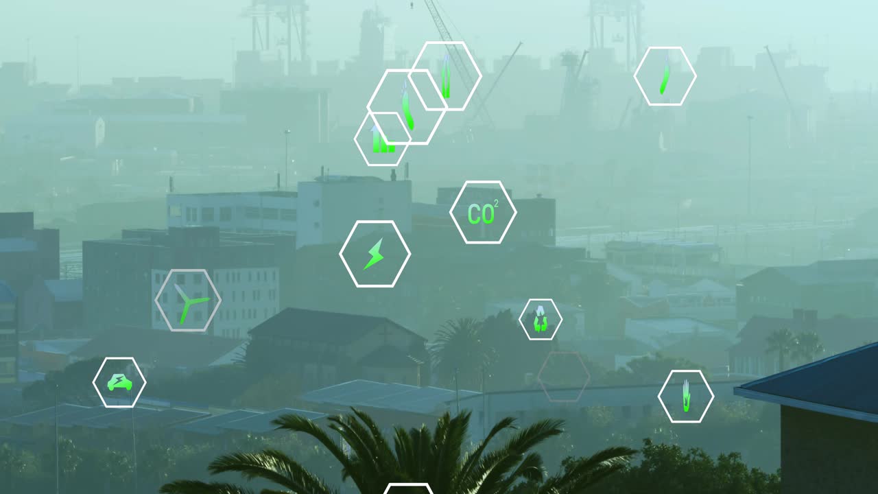 Starting over hazy skyline and palm tree, floating hex icons shifting, fading, showing energy stats
