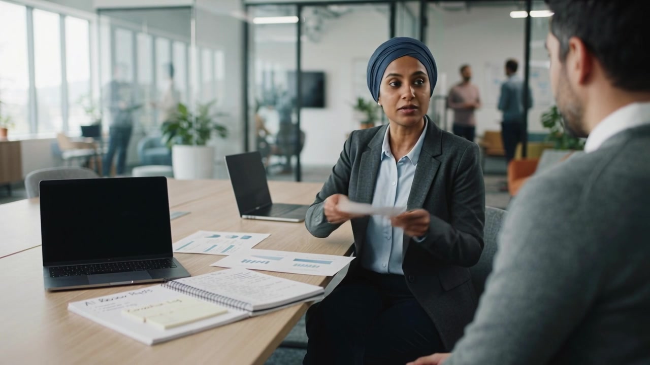 Gesturing woman in headscarf and dark blazer explaining charts with laptop at table, handing sheet