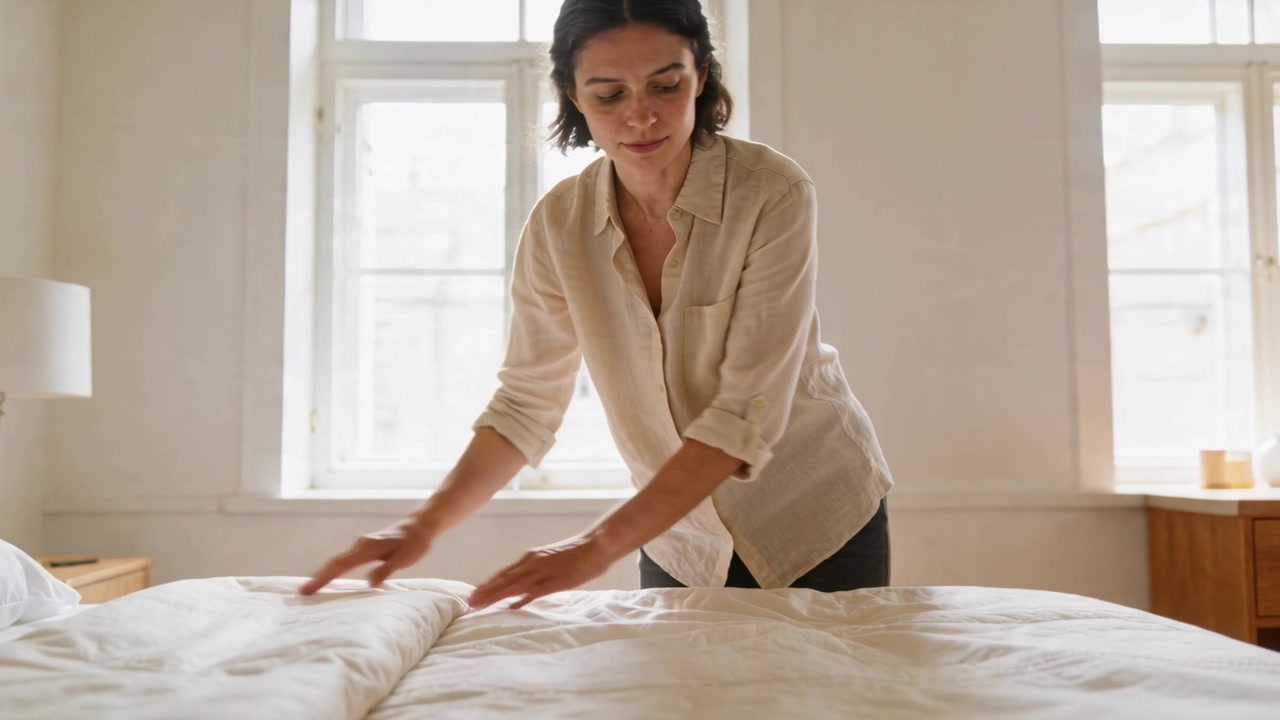 Smoothing woman in beige shirt leaning, pressing duvet at foot of bed, prompted by window light