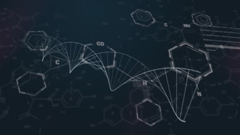 Animation-of-dna-strand-and-data-processing-over-chemical-formula-on-black-background