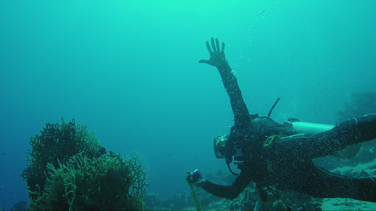 수중 잠수부가 손에 카메라를 들고 있다