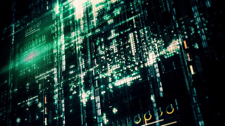 Vertical format: Advanced data matrix simulation with a dynamic and immersive display of interconnected data matrix information networks systems background