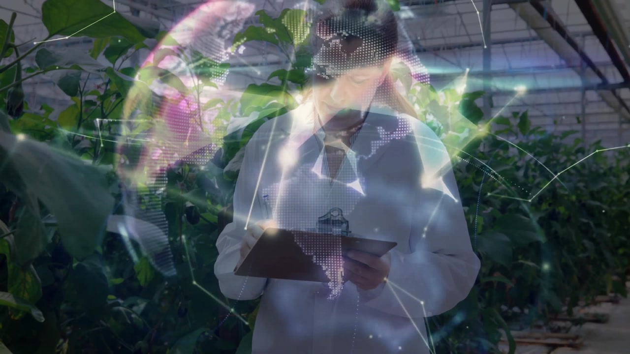 Female scientist jotting plant data in greenhouse agriculture, forming rotating overlay globe