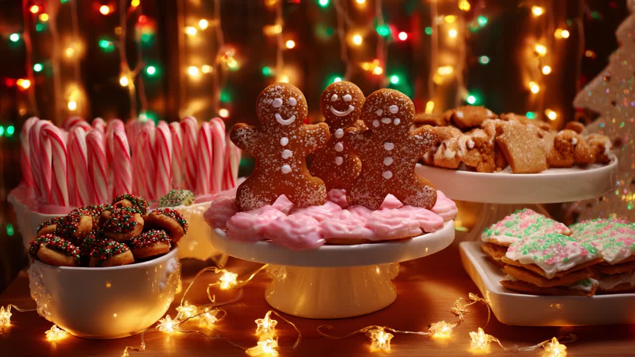 A Festive Display of Delicious Holiday Treats Featuring Gingerbread Cookies at a Vibrant Celebration with Colorful Lights and Assorted Confections Creating a Cheerful Atmosphere for Everyone to Enjoy