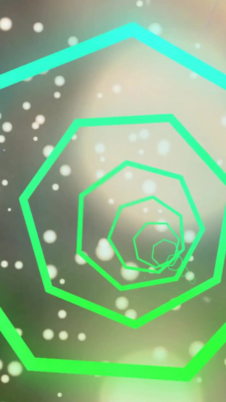 Video verticale: All'avvio, anelli poligonali ruotano verso l'interno mentre particelle bokeh si alzano, creando un tunnel.