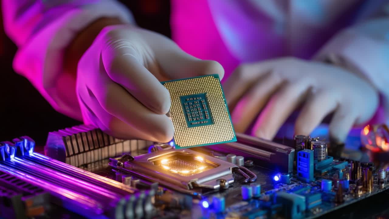 Meticulously Installing a Central Processing Unit (CPU) onto a Motherboard: The Crucial Step in Computer Assembly Showcased Through Intricate Lighting and Focused Technique