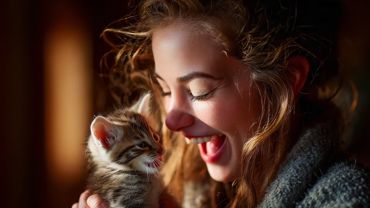 A Joyful Moment Captured: A Young Girl Shares an Adorable Smile with Her Tiny Kitten in a Warm, Cozy Setting, Highlighting the Pure Bond Between Humans and Pets