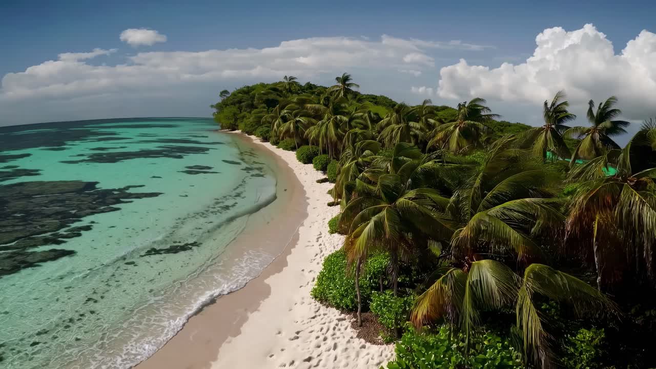 Video udara merekam pantai tropis dengan air berwarna pirus dan pohon palem yang rimbun