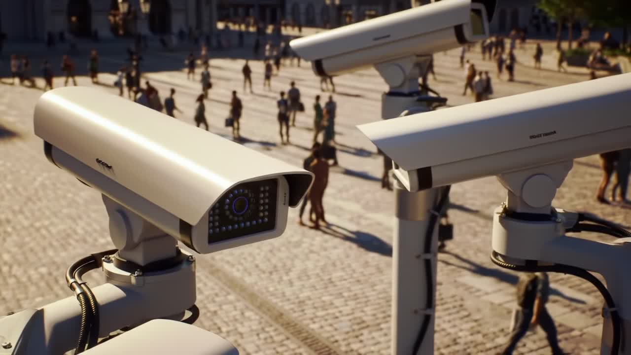 A Modern Surveillance Setup Featuring Multiple High-Tech Cameras Overlooking a Public Square, Observing the Activities of People Below in a Bustling Urban Environment