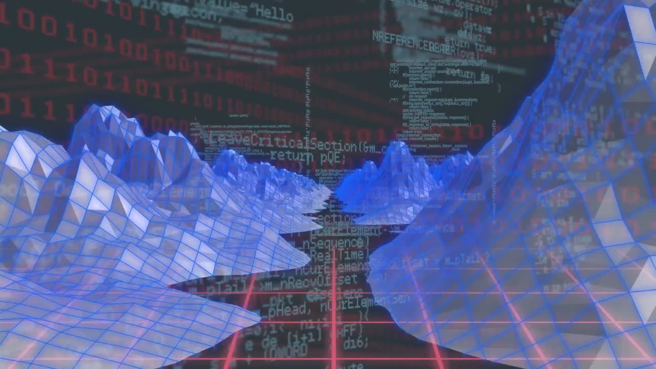 Animation of data processing over digital mountains on black background