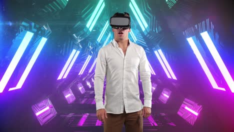 man using vr headset against glowing tunnel