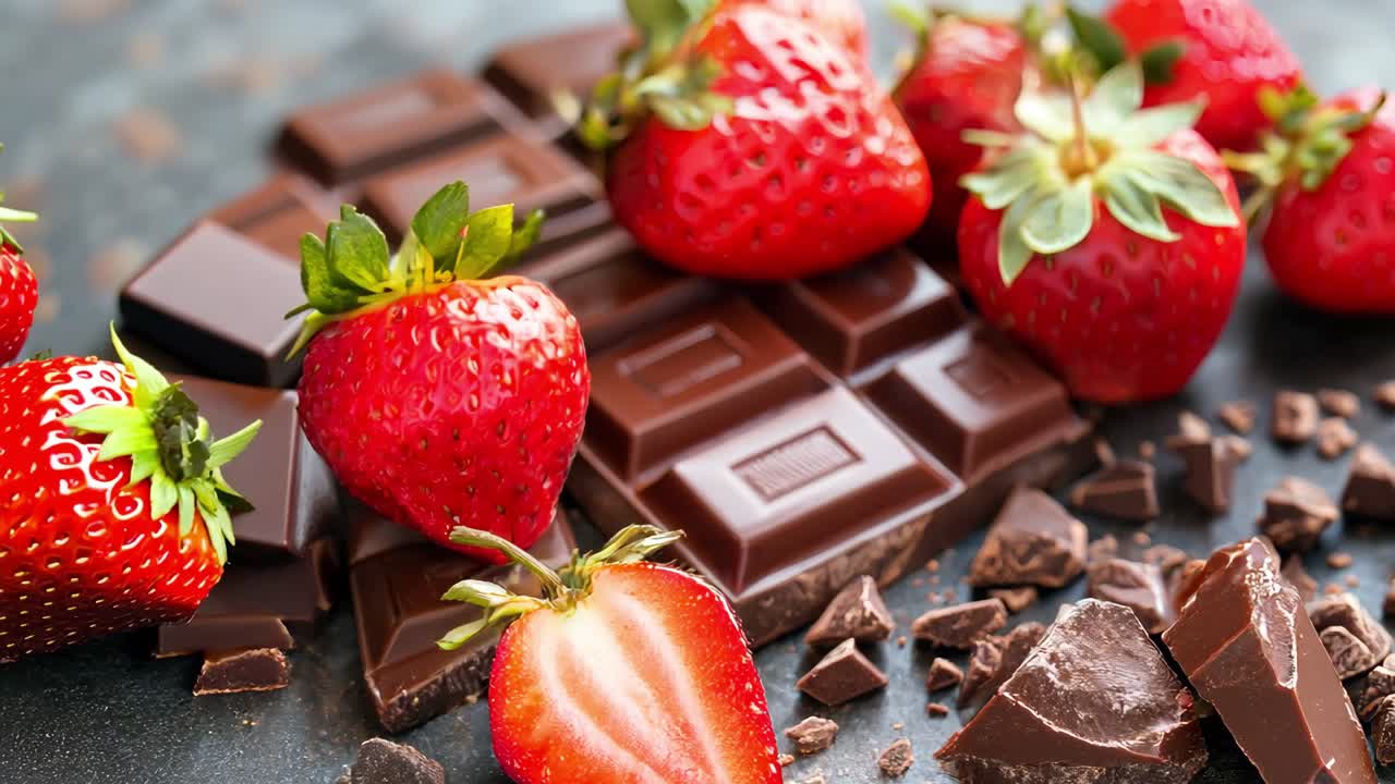 Composition of fresh strawberries and a dark chocolate bar broken into pieces on a gray table, creating a tempting and delicious dessert scene